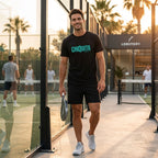 Man wearing desert dust CHIQUITA organic cotton padel lifestyle t-shirt - LobStory