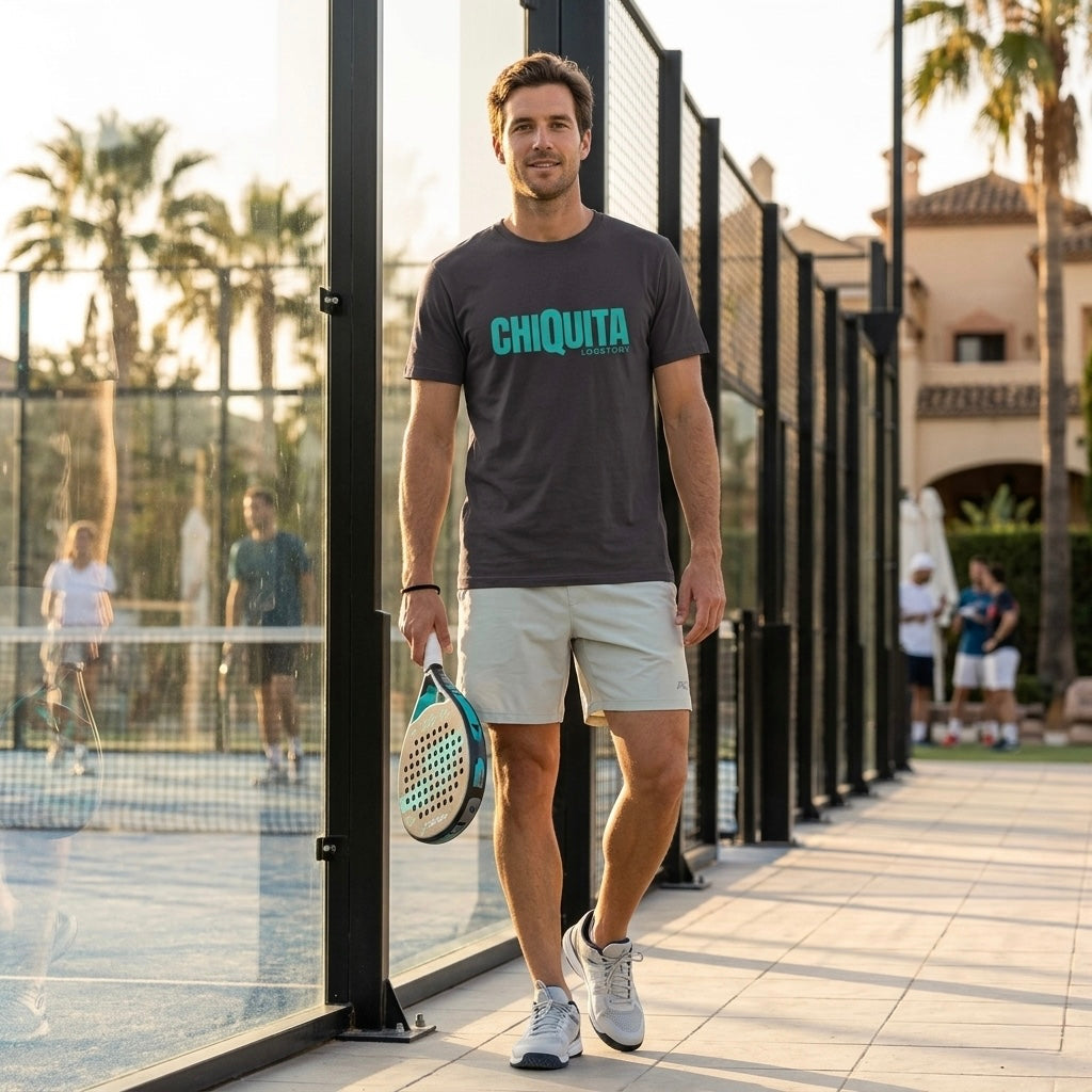 Man wearing desert dust CHIQUITA organic cotton padel lifestyle t-shirt - LobStory