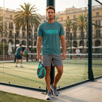 Man wearing desert dust CHIQUITA organic cotton padel lifestyle t-shirt - LobStory