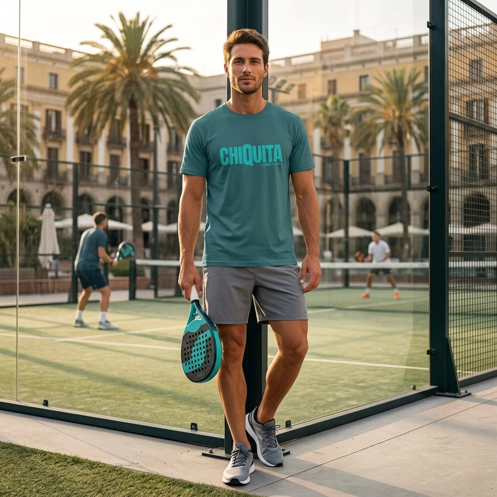 Man wearing desert dust CHIQUITA organic cotton padel lifestyle t-shirt - LobStory