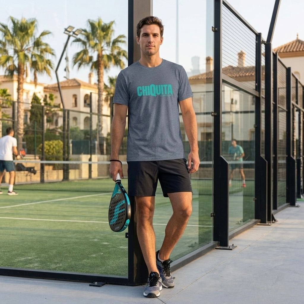 Man wearing desert dust CHIQUITA organic cotton padel lifestyle t-shirt - LobStory