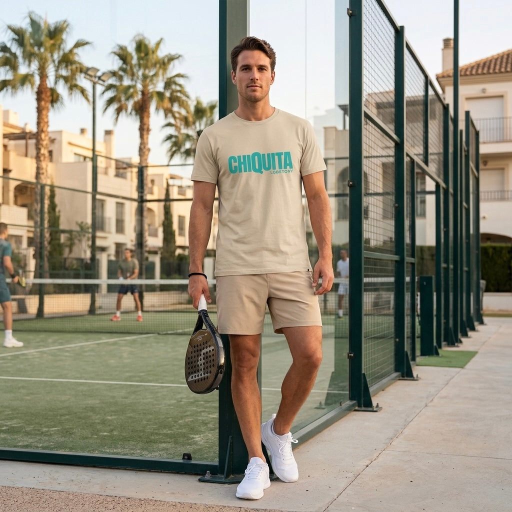 Man wearing desert dust CHIQUITA organic cotton padel lifestyle t-shirt - LobStory