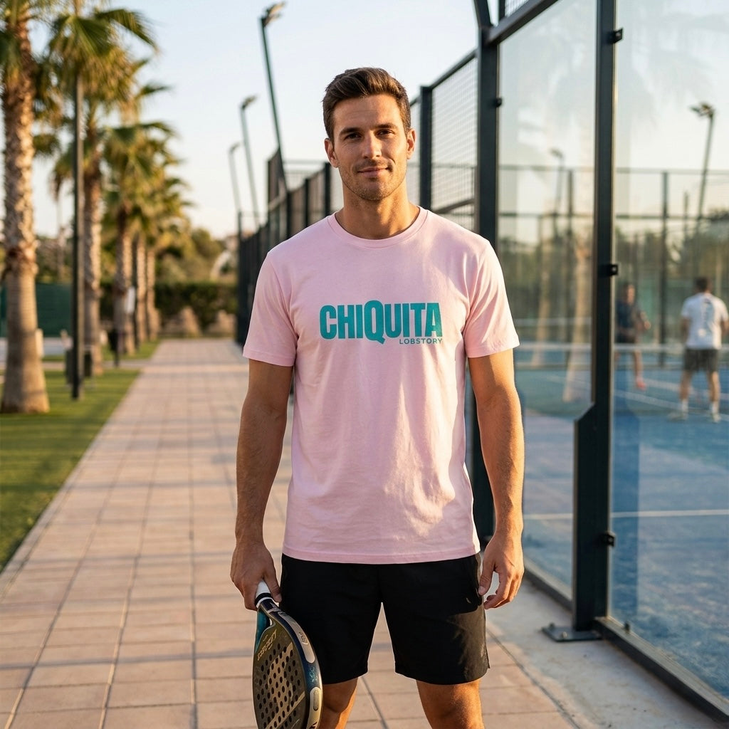 Man wearing desert dust CHIQUITA organic cotton padel lifestyle t-shirt - LobStoryMan wearing desert dust CHIQUITA organic cotton padel lifestyle t-shirt - LobStory