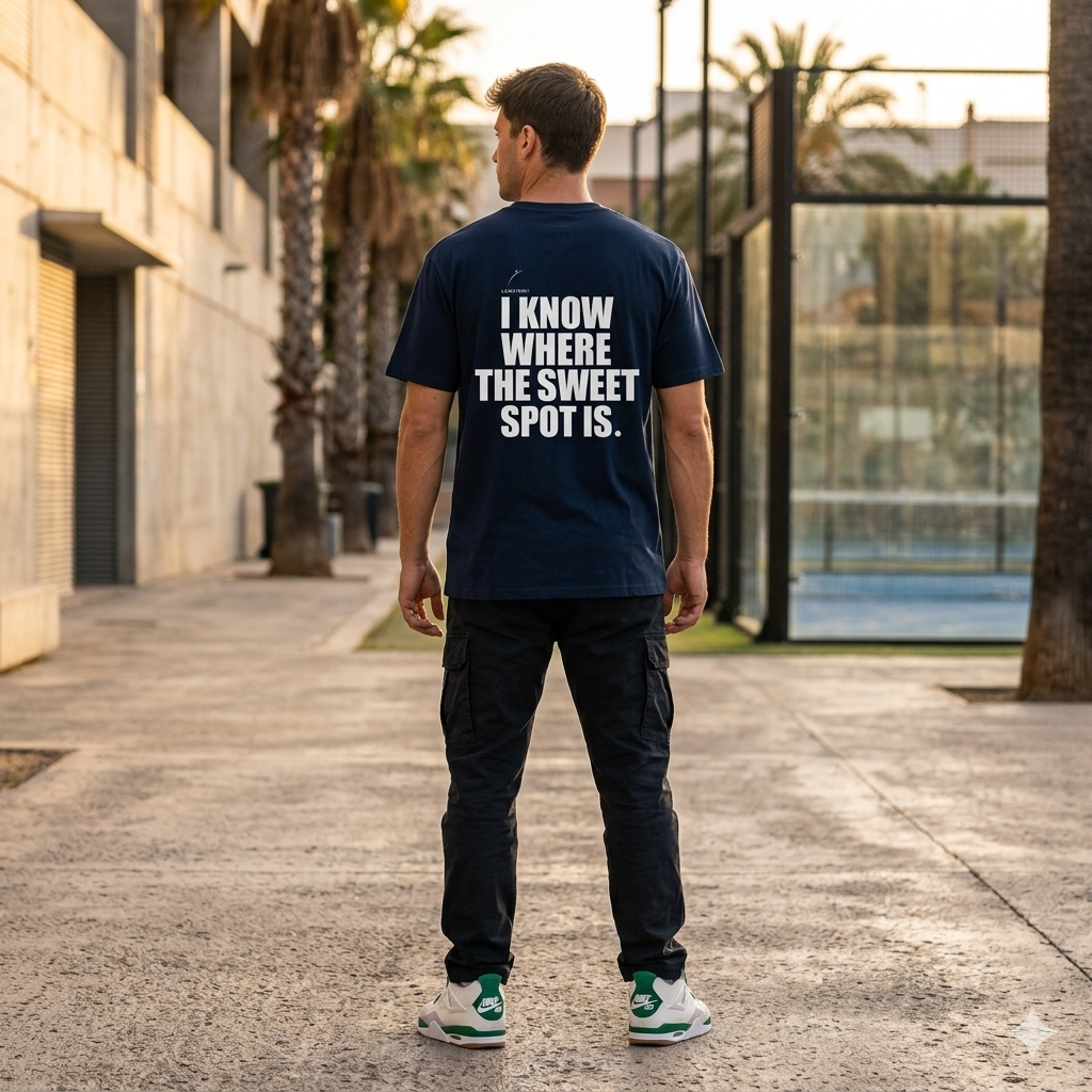 Back view of a model wearing a premium organic cotton padel lifestyle tee with bold branding by LobStory. "I KNOW WHERE THE SWEET SPOT IS" 