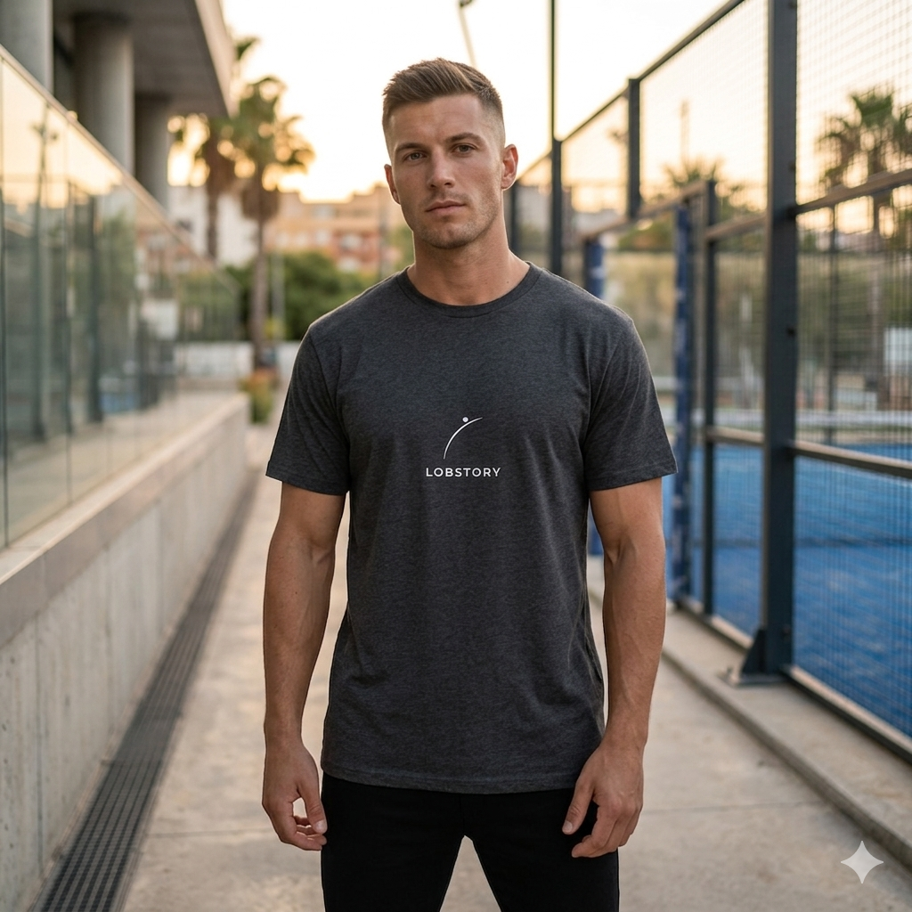 Front view of a model wearing a premium organic cotton padel lifestyle tee by LobStory.