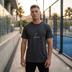 Front view of a model wearing a premium organic cotton padel lifestyle tee by LobStory.
