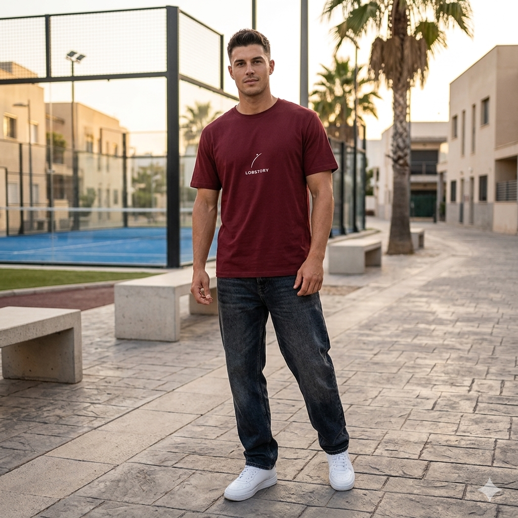 Front view of a model wearing a premium organic cotton padel lifestyle tee by LobStory.