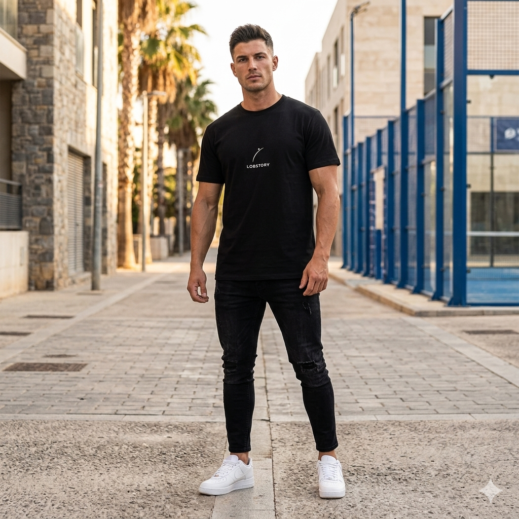Front view of a model wearing a premium organic cotton padel lifestyle tee by LobStory.