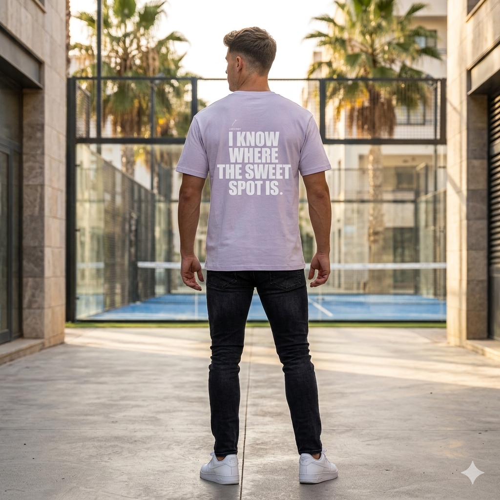 Back view of a model wearing a premium organic cotton padel lifestyle tee with bold branding by LobStory. "I KNOW WHERE THE SWEET SPOT IS" 