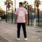 Back view of a model wearing a premium organic cotton padel lifestyle tee with bold branding by LobStory. "I KNOW WHERE THE SWEET SPOT IS" 