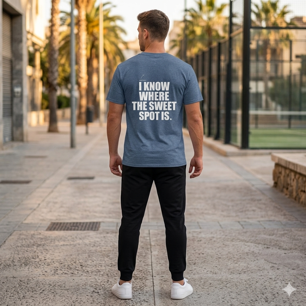 Back view of a model wearing a premium organic cotton padel lifestyle tee with bold branding by LobStory. "I KNOW WHERE THE SWEET SPOT IS" 