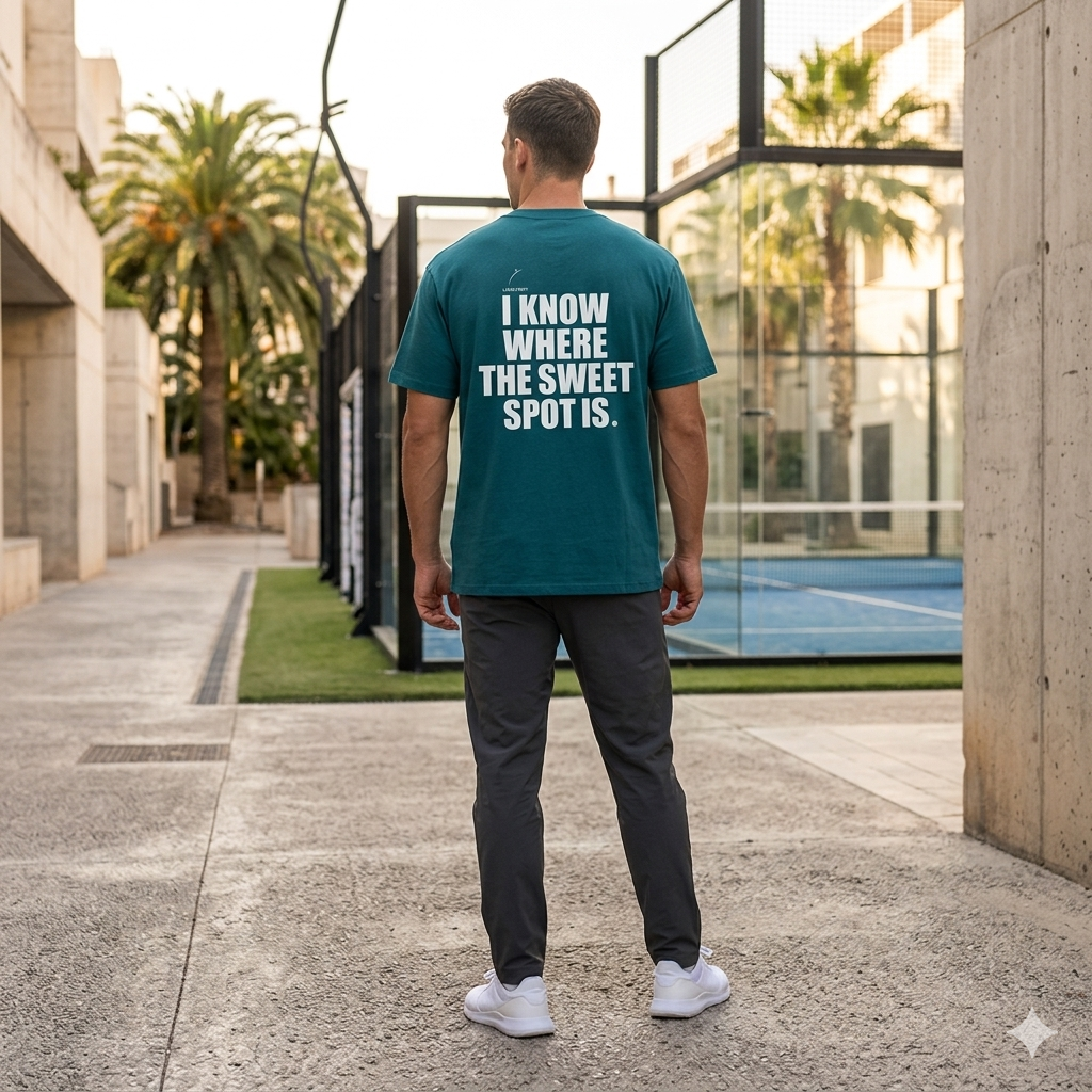 Back view of a model wearing a premium organic cotton padel lifestyle tee with bold branding by LobStory. "I KNOW WHERE THE SWEET SPOT IS" 