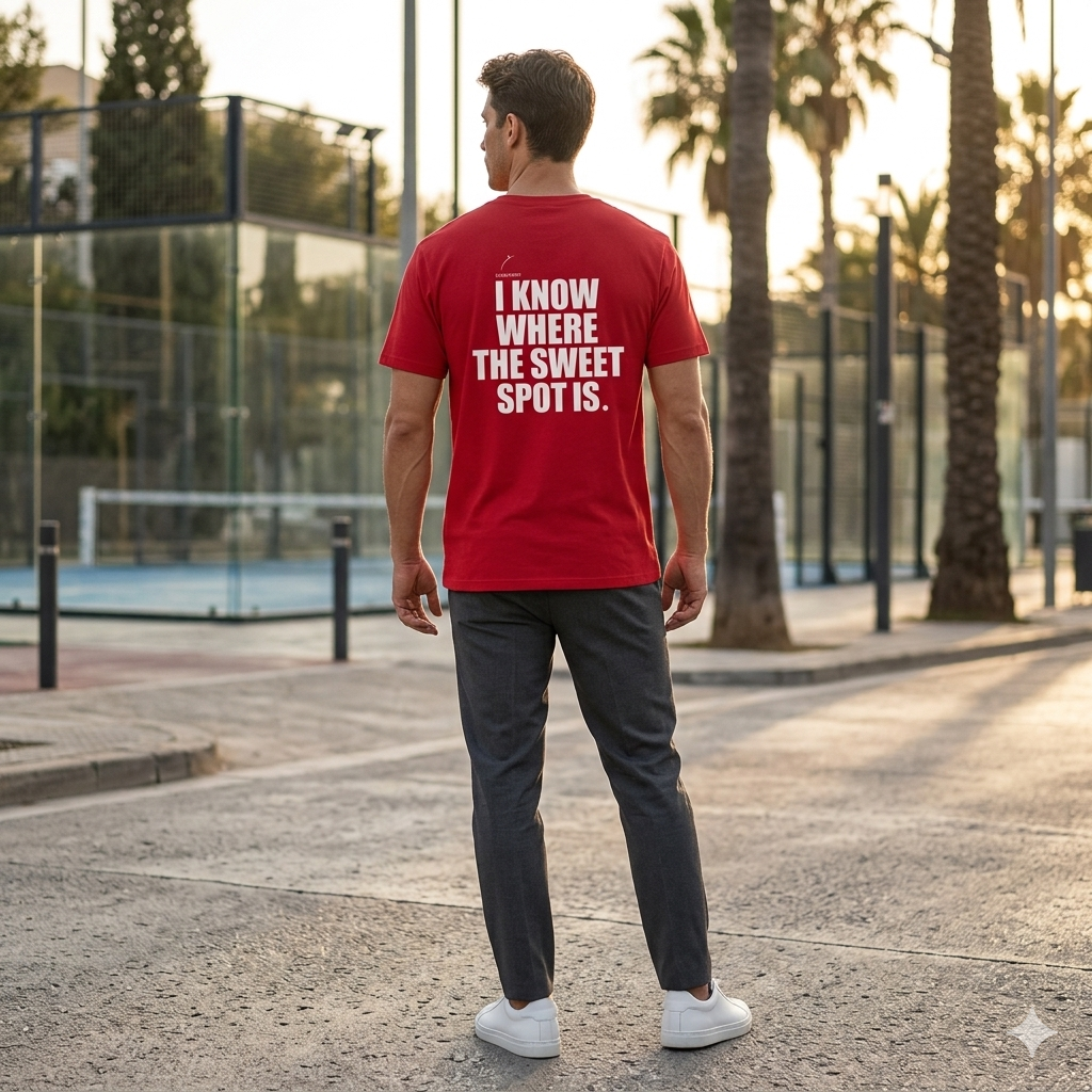 Back view of a model wearing a premium organic cotton padel lifestyle tee with bold branding by LobStory. "I KNOW WHERE THE SWEET SPOT IS" 
