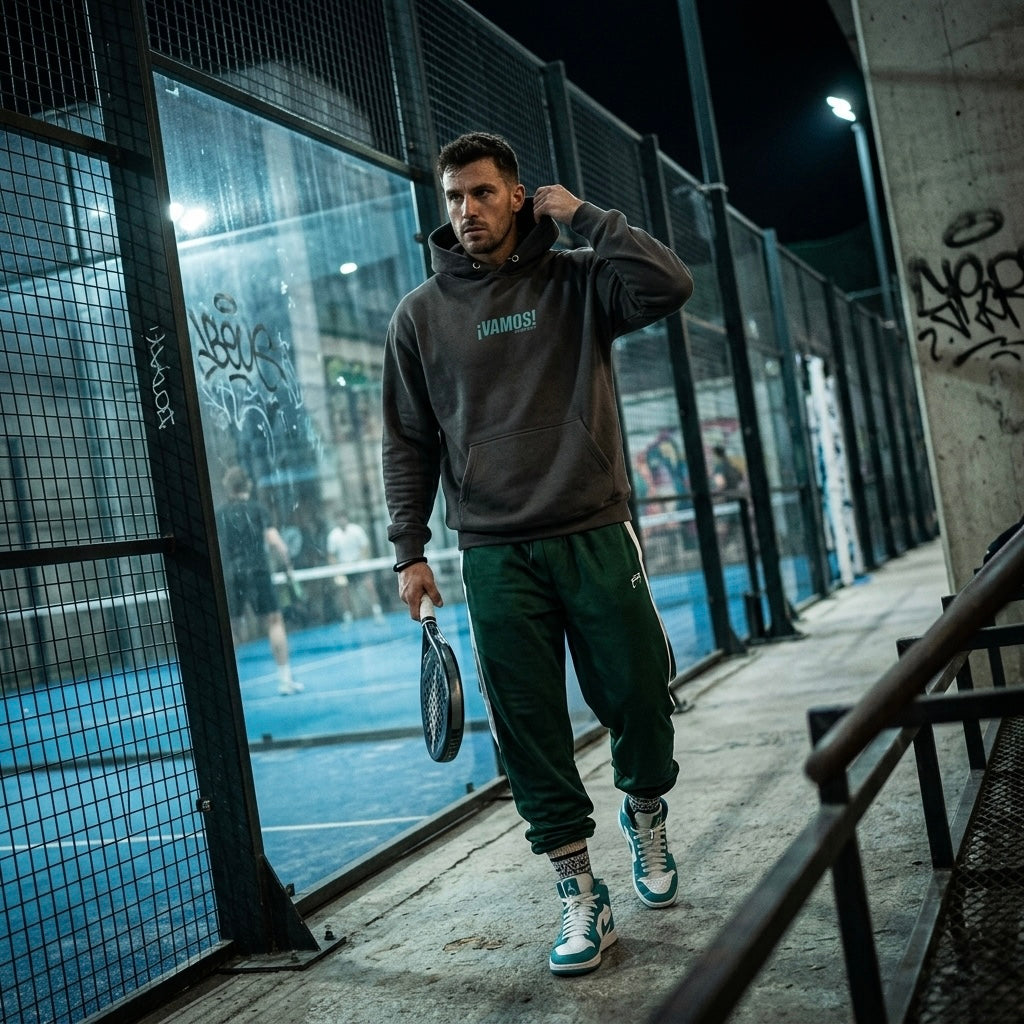 Front view of a model wearing a premium heavyweight padel lifestyle hoodie for maximum comfort.