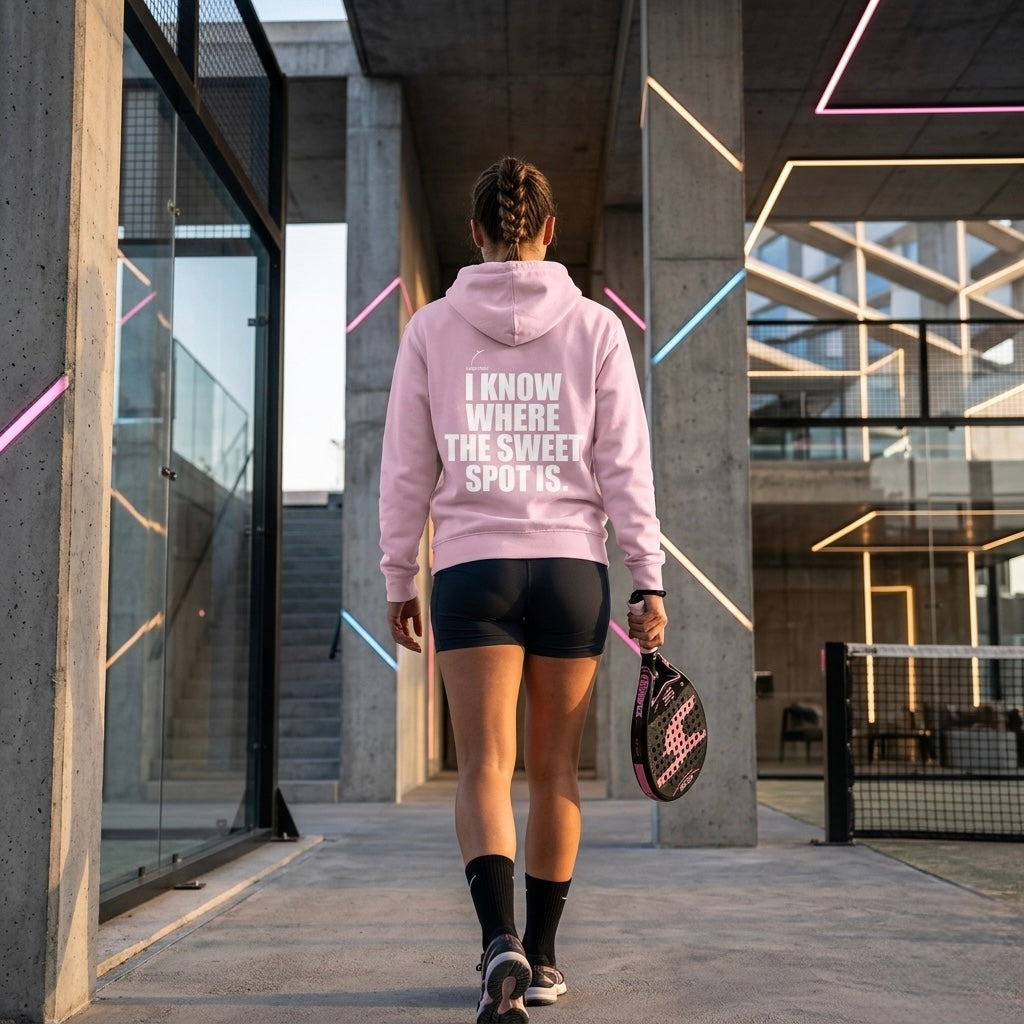 Back view of a model wearing the Sweet Spot hoodie showing the bold back print branding.