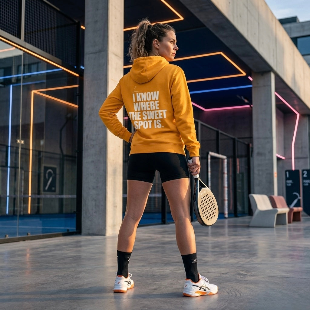 Back view of a model wearing the Sweet Spot hoodie showing the bold back print branding.
