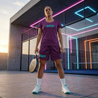 Female player on court wearing the burgundy ¡VAMOS! Performance Mesh Tee.