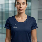Female player wearing the navy blue Sweet Spot technical mesh tee for elite padel performance. lobstory