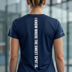 Rear view of a model showing the stylish vertical branding on the navy blue performance jersey. I KNOW WHERE THE SWEET SPOT IS LOBSTORY.EU