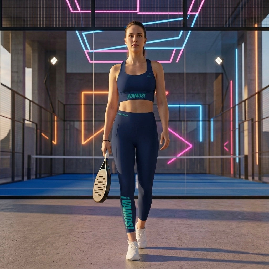 Model wearing the navy blue VAMOS Longline Sports Bra in a padel futuristic club for maximum support. lobstory.eu lobstory