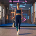 Model wearing the navy blue ¡VAMOS! Performance Set in a padel club. www.lobstory.eu
