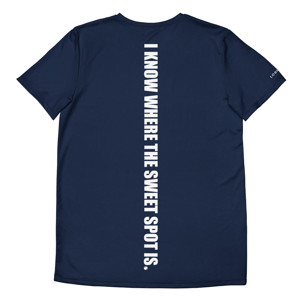 Back view mockup of the Men's navy mesh tee showing the bold white vertical I Know Where The Sweet Spot Is statement. lobstory.eu