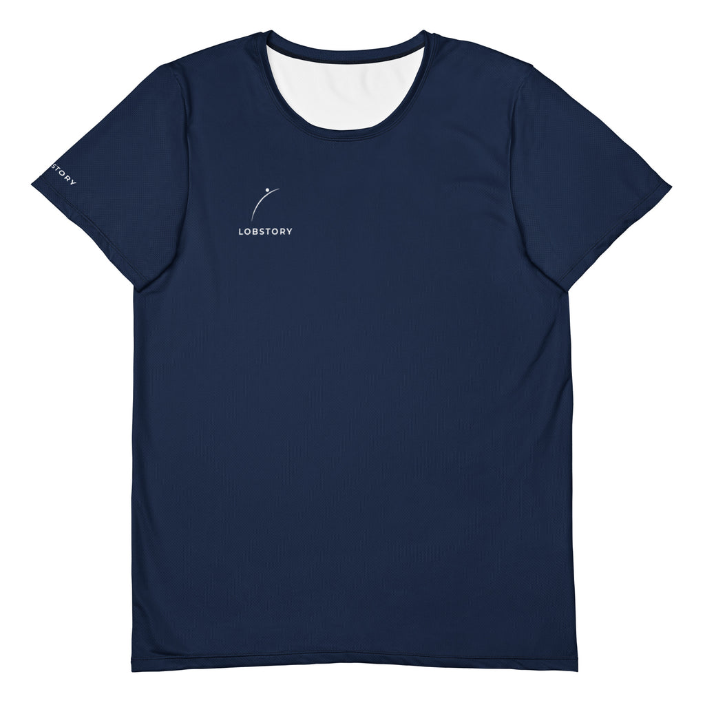 Front view mockup of the Men's SWEET SPOT Performance Mesh Tee in navy blue with teal chest logo.