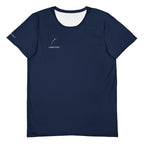 Front view mockup of the Men's SWEET SPOT Performance Mesh Tee in navy blue with teal chest logo.