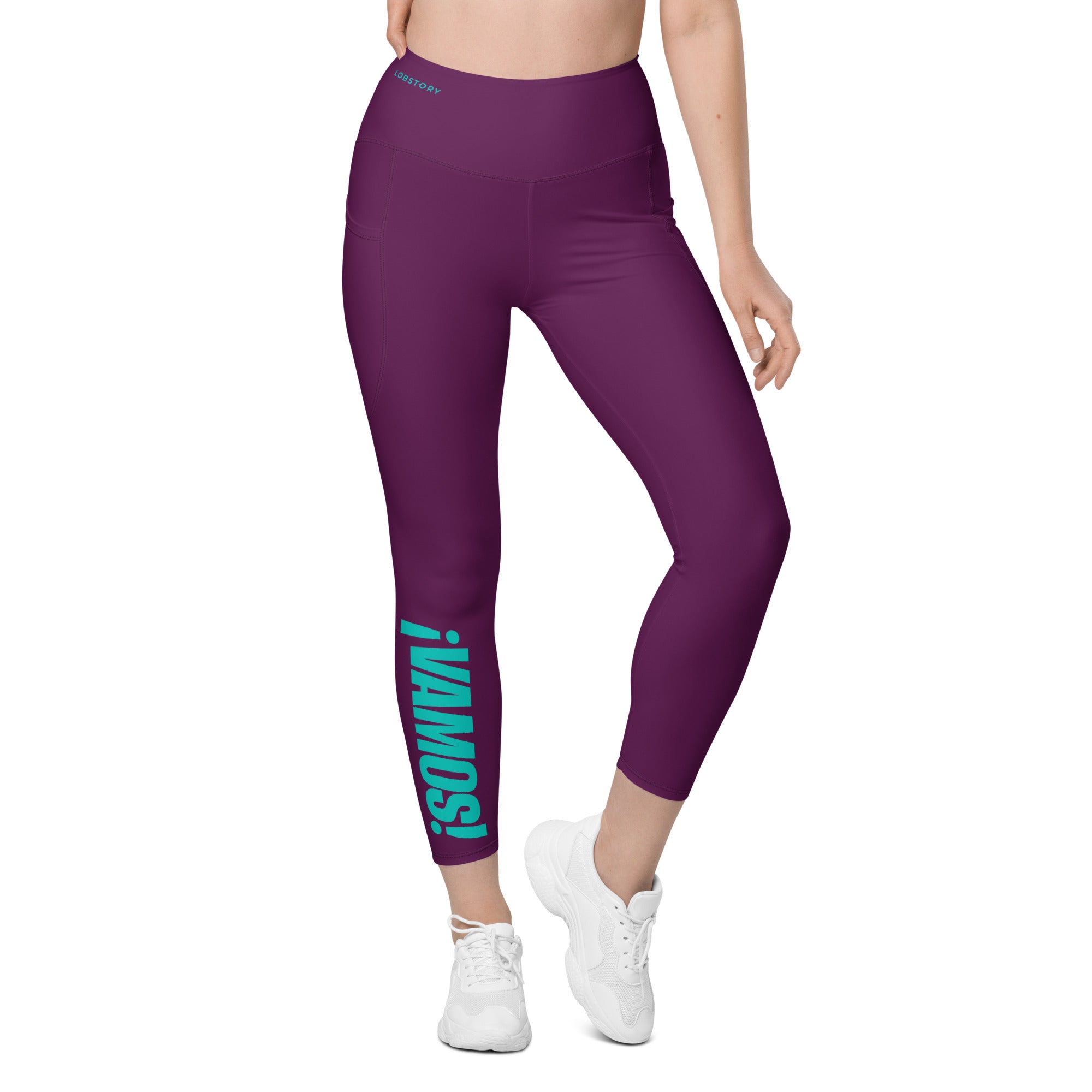 Front view mockup of burgundy ¡VAMOS! Pocket Leggings with teal vertical graphic on the leg. LOBSTORY