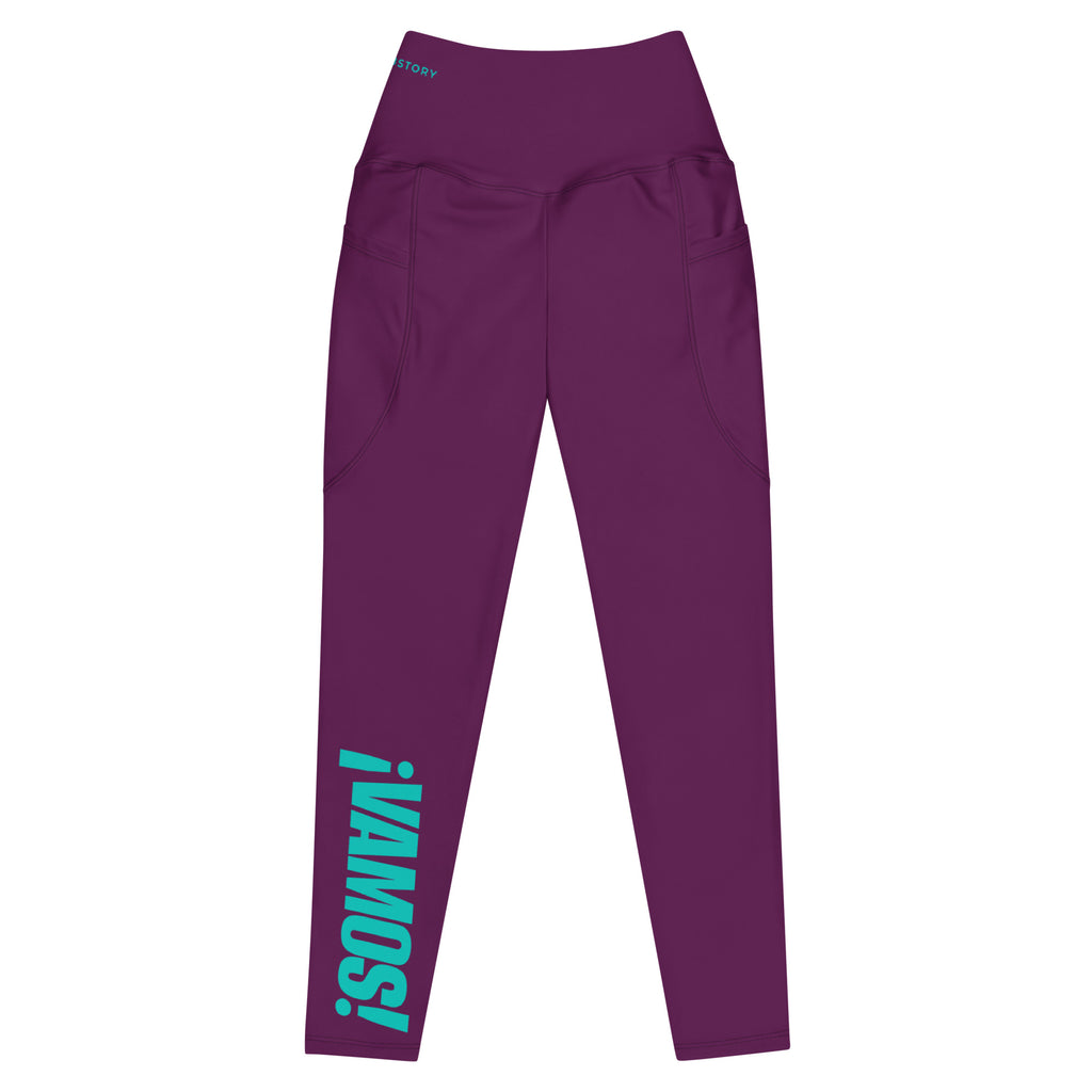 Front view mockup of burgundy ¡VAMOS! Pocket Leggings with teal vertical graphic on the leg. LOBSTORY