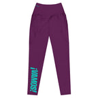 Front view mockup of burgundy ¡VAMOS! Pocket Leggings with teal vertical graphic on the leg. LOBSTORY