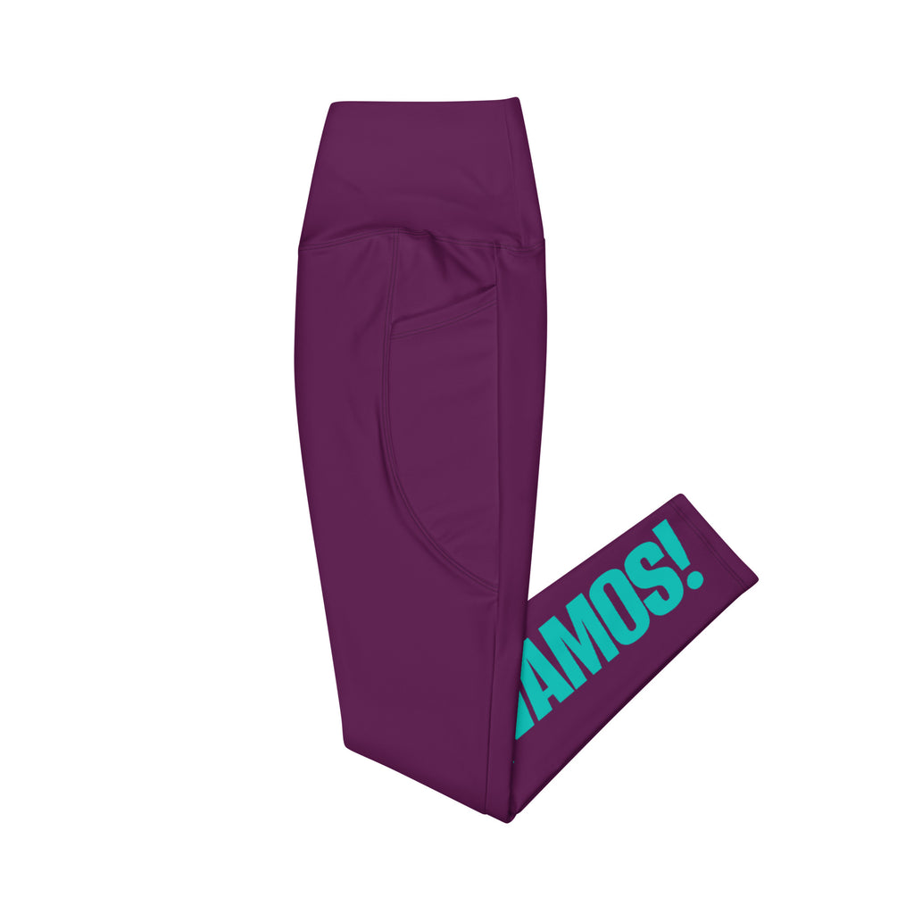 Side view mockup of burgundy ¡VAMOS! Pocket Leggings with teal vertical graphic on the leg. LOBSTORY
