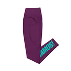 Side view mockup of burgundy ¡VAMOS! Pocket Leggings with teal vertical graphic on the leg. LOBSTORY