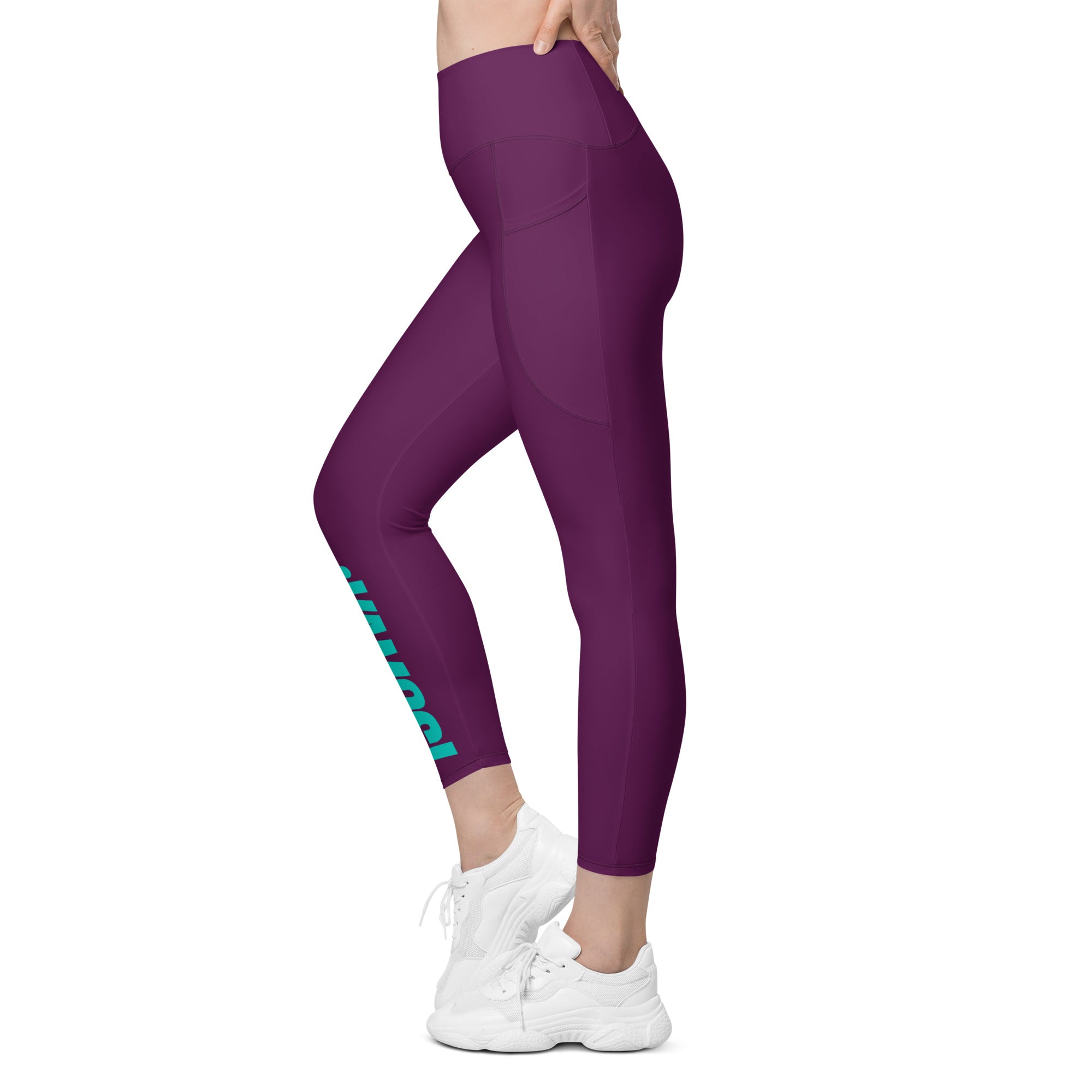 Side view mockup of burgundy ¡VAMOS! Pocket Leggings with teal vertical graphic on the leg. LOBSTORY