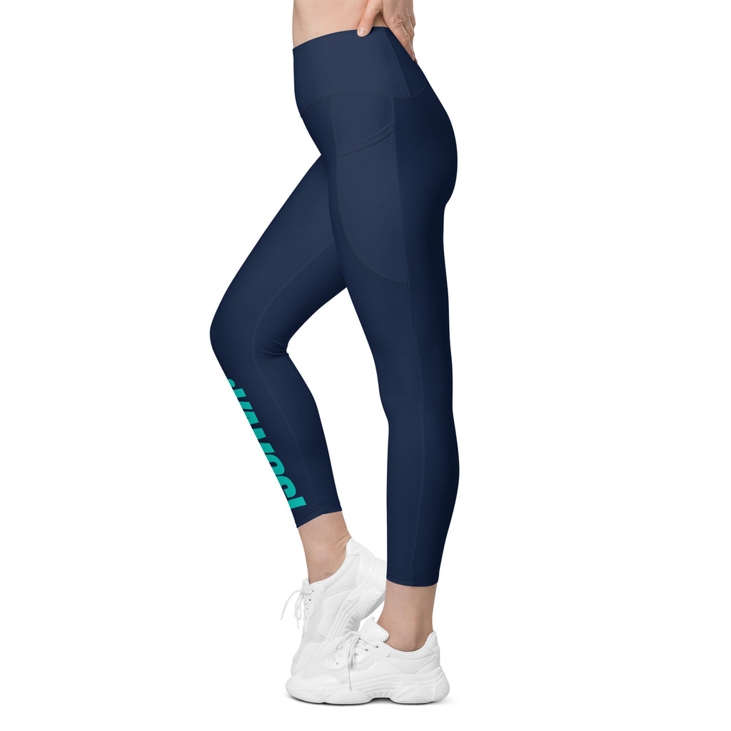 Side and back view of a model wearing navy performance leggings, showcasing the flattering high-waisted fit. lobstory
