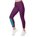 Front view mockup of burgundy ¡VAMOS! Pocket Leggings with teal vertical graphic on the leg. LOBSTORY