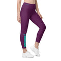 Front view mockup of burgundy ¡VAMOS! Pocket Leggings with teal vertical graphic on the leg. LOBSTORY