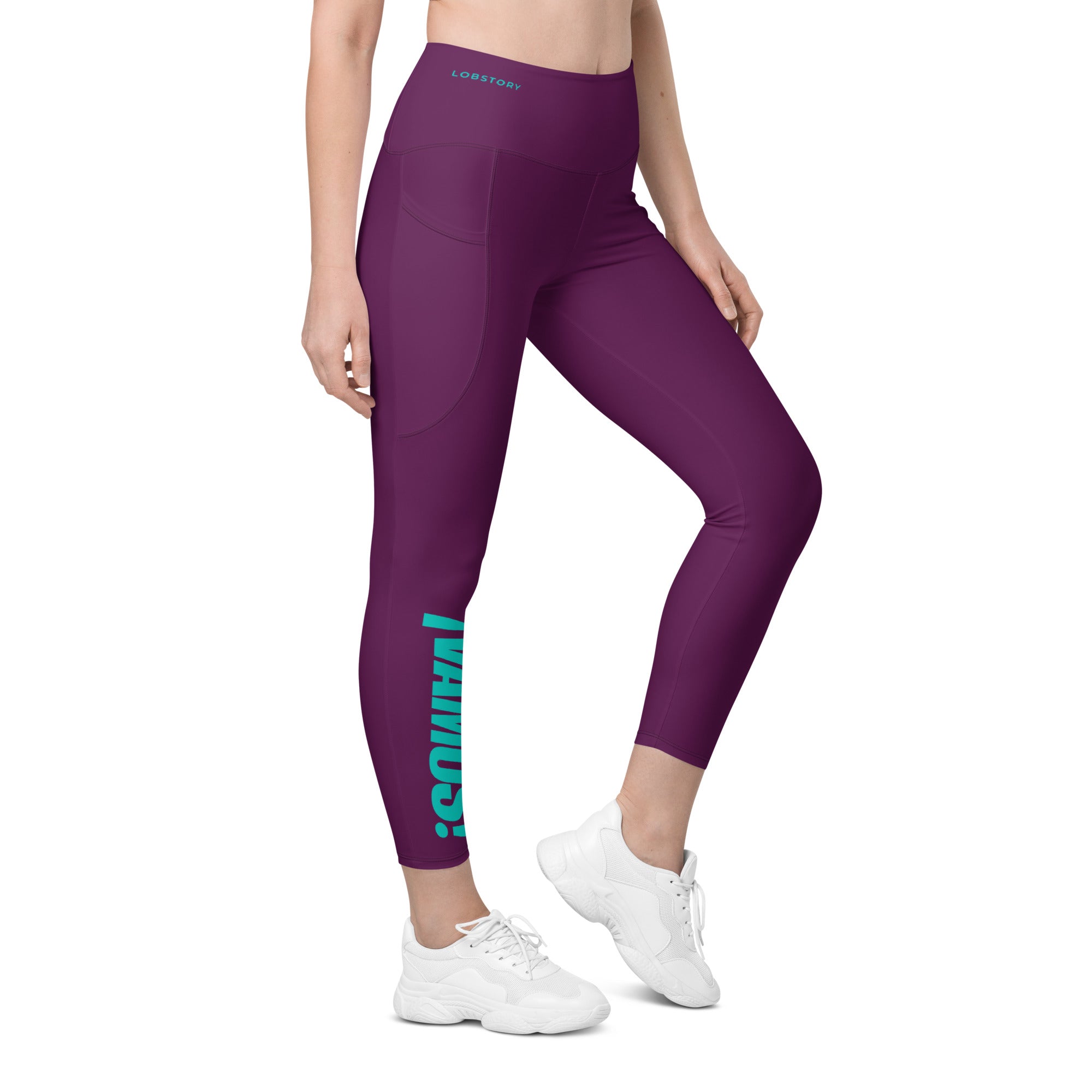 Front view mockup of burgundy ¡VAMOS! Pocket Leggings with teal vertical graphic on the leg. LOBSTORY