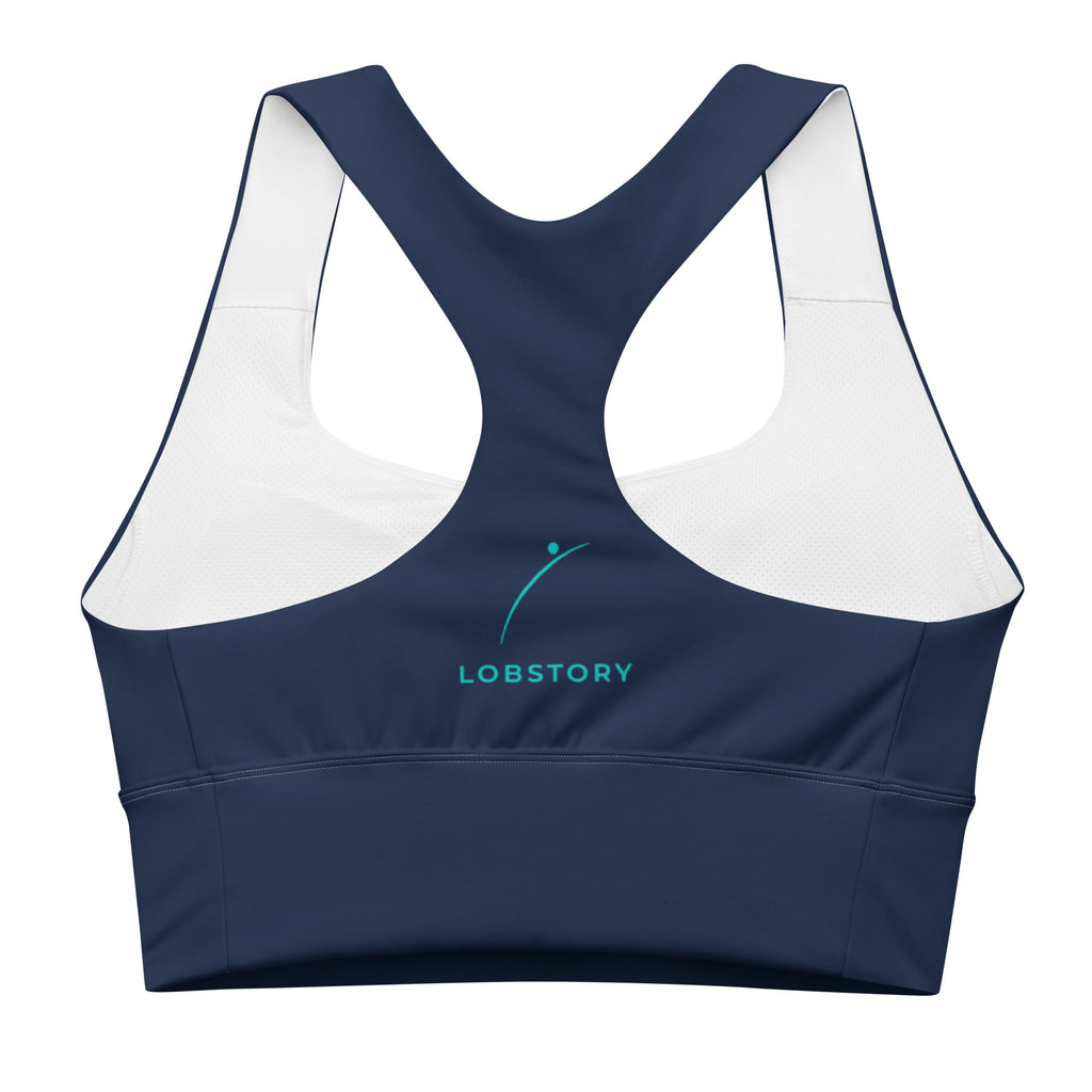 Back view mockup of the navy blue longline sports bra showing the wide racerback support by LobStory.