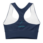 Back view mockup of the navy blue longline sports bra showing the wide racerback support by LobStory.