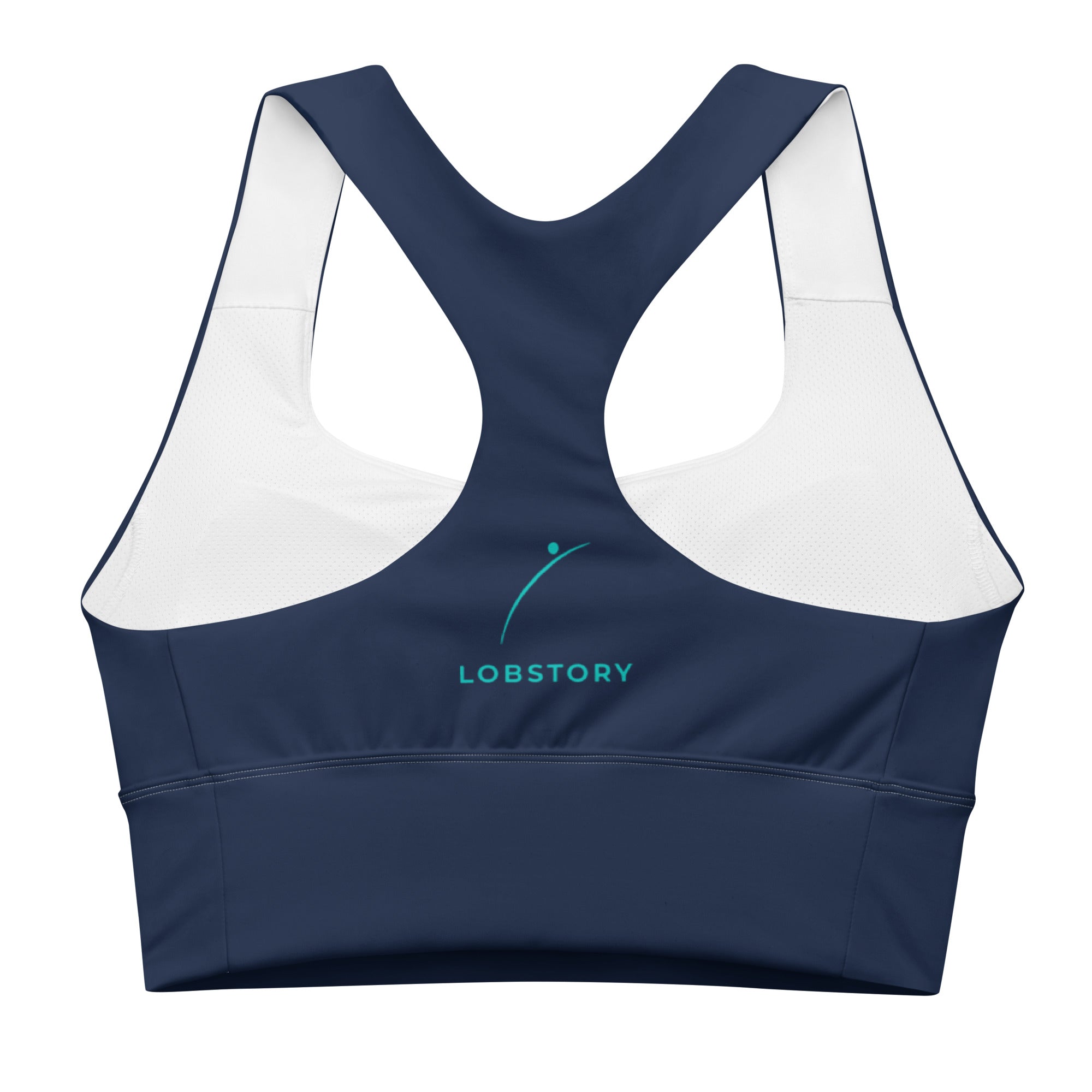 Back view mockup of the navy blue longline sports bra showing the wide racerback support by LobStory.