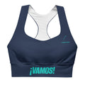 Front view mockup of the navy blue VAMOS Longline Sports Bra with teal ¡VAMOS! statement on the band. lobstory.eu