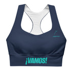 Front view mockup of the navy blue VAMOS Longline Sports Bra with teal ¡VAMOS! statement on the band. lobstory.eu