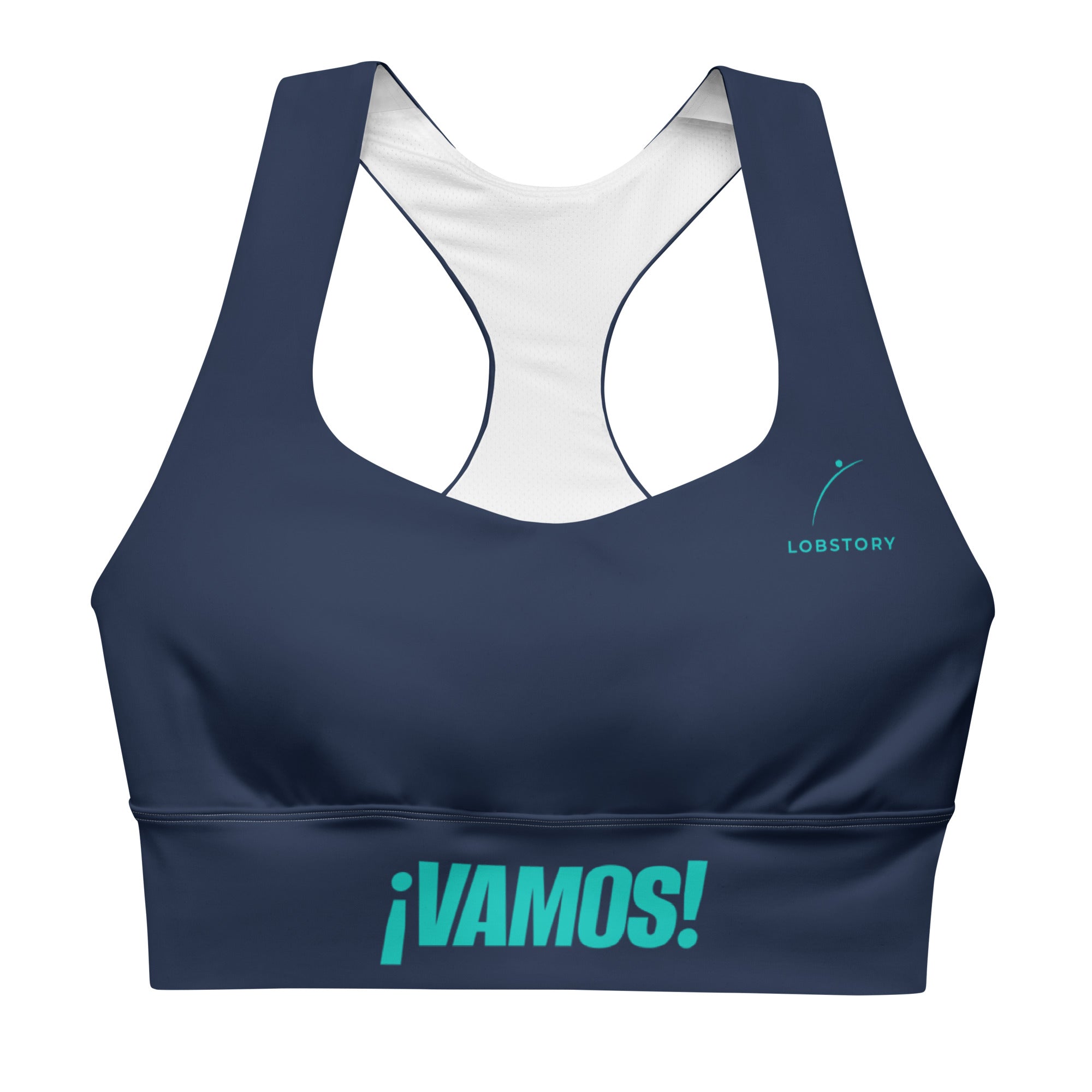 Front view mockup of the navy blue VAMOS Longline Sports Bra with teal ¡VAMOS! statement on the band. lobstory.eu