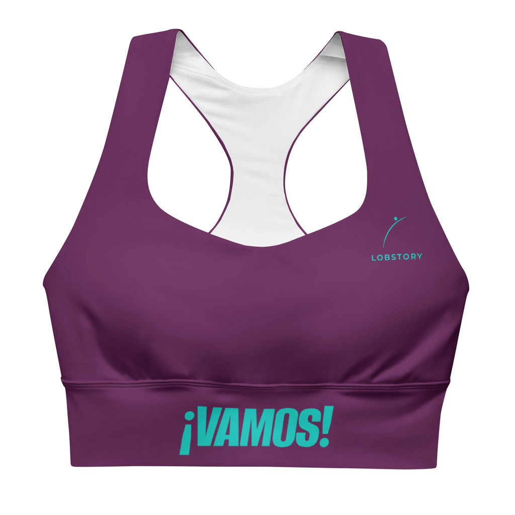 Front view mockup of the burgundy VAMOS Longline Sports Bra with teal ¡VAMOS! statement on the band. lobstory.eu