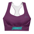Front view mockup of the burgundy VAMOS Longline Sports Bra with teal ¡VAMOS! statement on the band. lobstory.eu