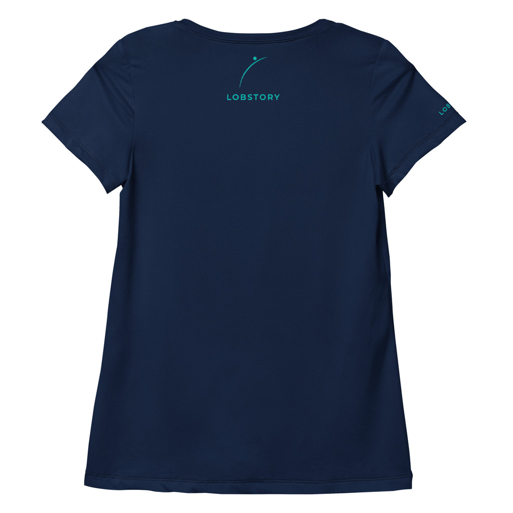 Back view mockup of the navy blue breathable women's sports mesh padel tee by LobStory.