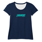 Front view mockup of the Women's ¡VAMOS! Performance Mesh Tee in navy blue with teal logo.