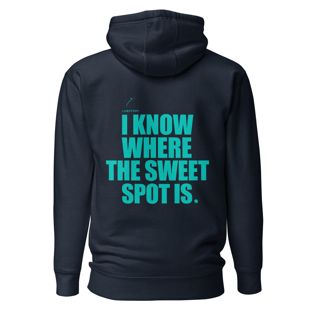 Back view mockup of a premium padel hoodie with electric cyan I Know Where The Sweet Spot Is statement. Lobstory.eu