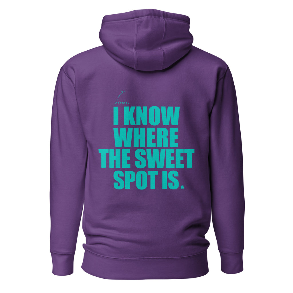 Back view mockup of a premium padel hoodie with electric cyan I Know Where The Sweet Spot Is statement. Lobstory.eu